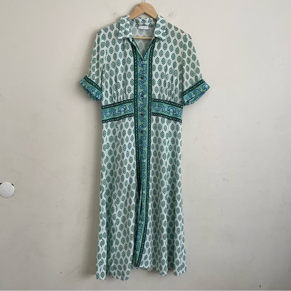Sandro Niam Midi Dress Green Printed Linen Blend EU 42 Short Sleeve Button Front - Picture 3 of 7